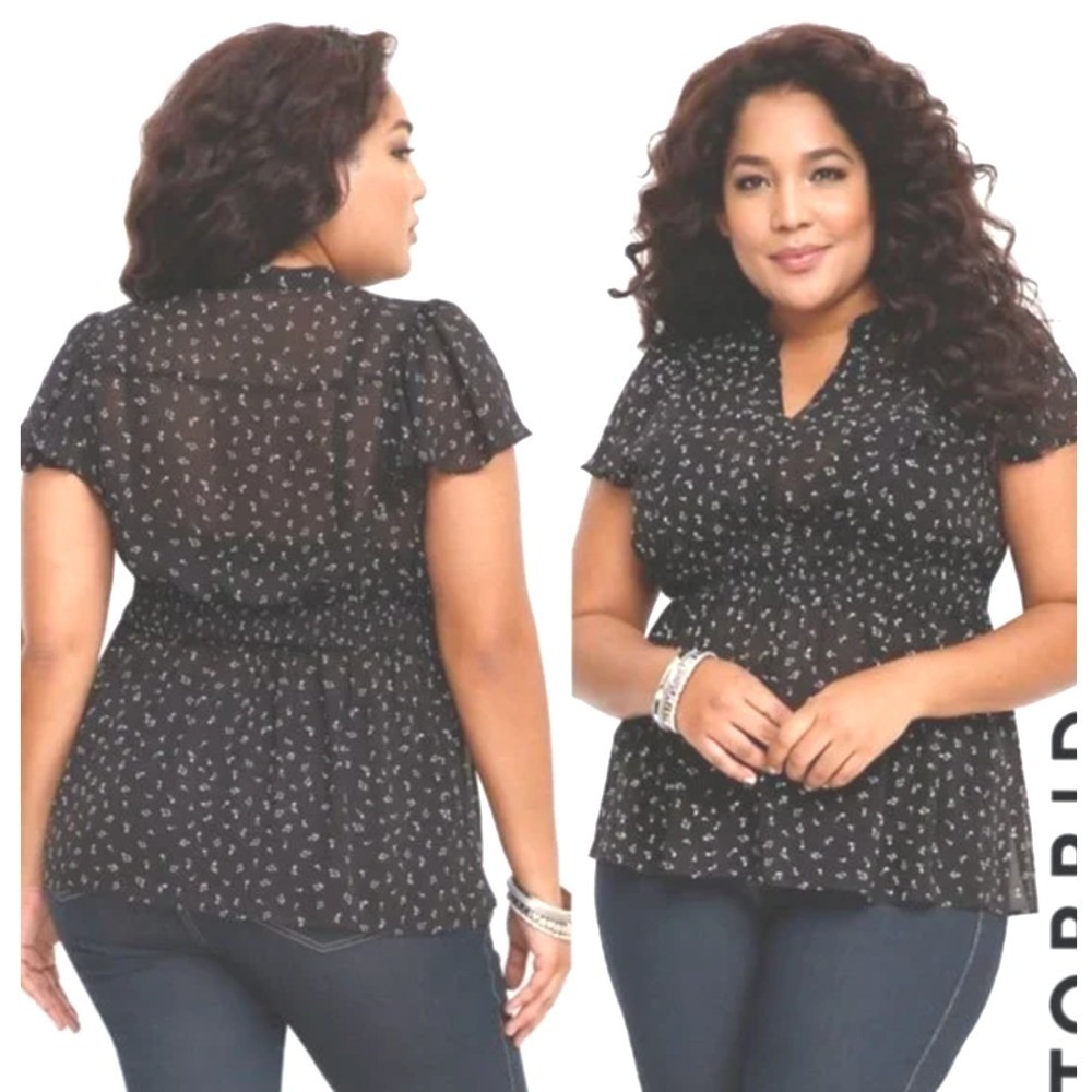 Torrid Musical Note Print Chiffon Blouse Black 4XL Smocked Waist Peplum Top